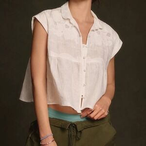 Anthropologie Ivory Linen Appliqué Buttondown Tank Linen Babydoll Top - XSmall
